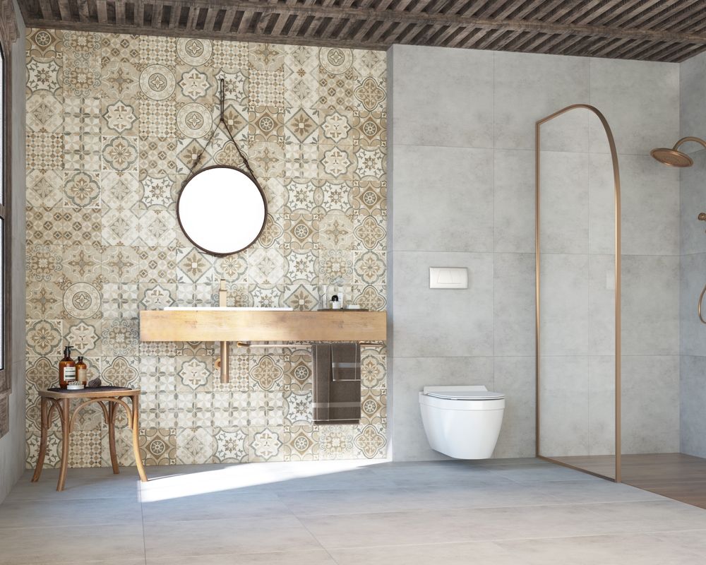 Seramiksan Marsilya seeria beige plaadid vannitoa seinal