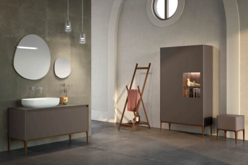 Vannitoamööbel - stiilne vannituba koos valamukapi ja seinakapiga, ning riiete hoidmiseks redel, seinas peegel