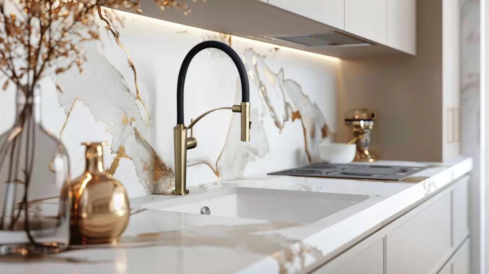 Deante Corda köögisegisti musta ja kuldse viimistlusega valge kraanikausi ja marmorimustrilise tööpinna taustal.