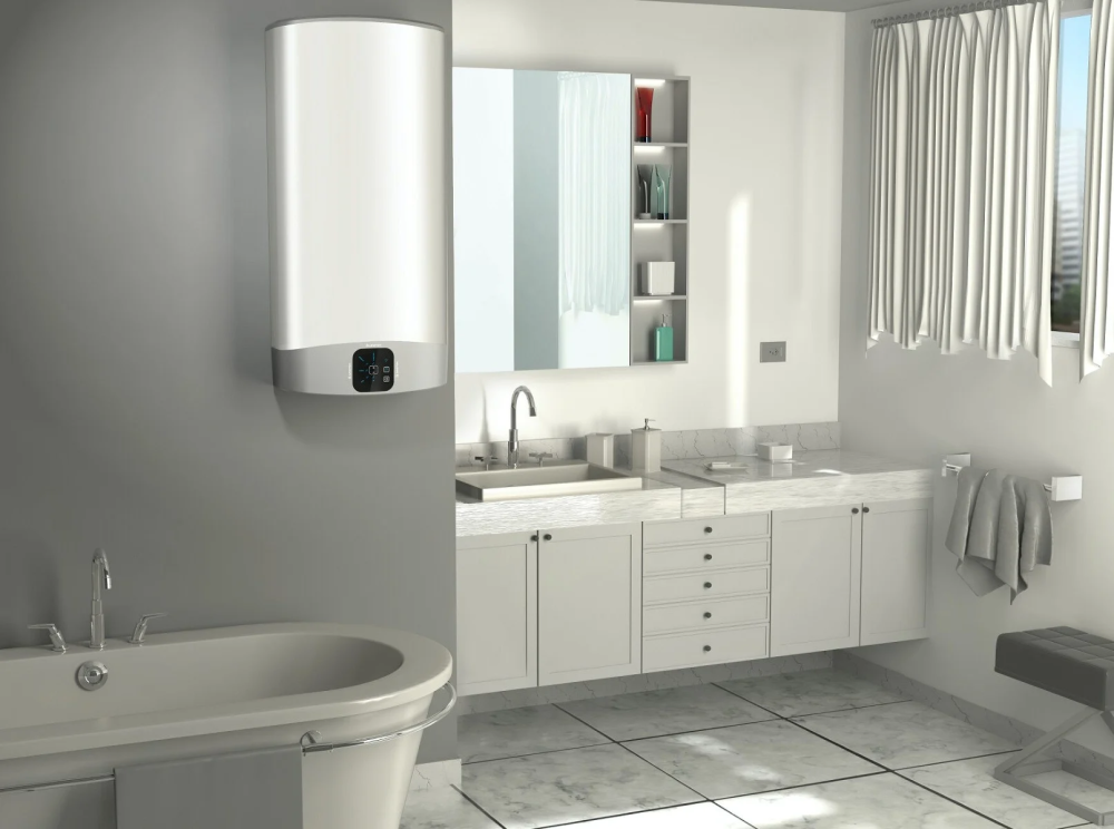 Ariston veeboiler modernses vannitoas, millel on hele marmorplaatidega töötasapind ja eraldiseisev vann hallil seinal.