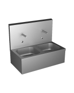 Stainless steel wall hung double sink with integrated electronics, thermostatic mixer, 6 V