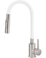 Deante Luno köögisegisti painutatava jooksutoruga, 2 veevoolu režiimi, harjatud teras ja matt valge BOC_W740