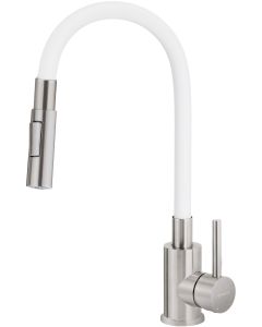 Deante Luno köögisegisti painutatava jooksutoruga, 2 veevoolu režiimi, harjatud teras ja matt valge BOC_W740