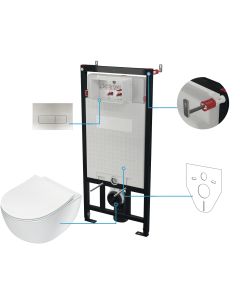 Deante PEONIA seinale paigaldatav WC-komplekt 6-ühes 510x360x355 mm, valge, harjatud terasest loputusnupuga CDEF6ZPW