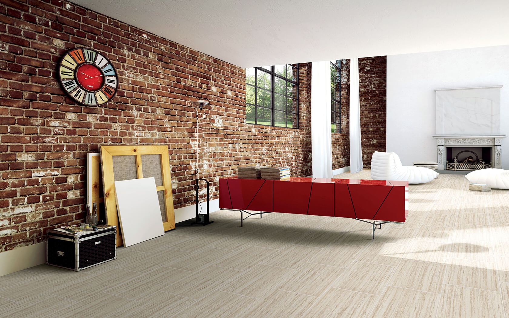 Alfalux Olimpia Miele helebeežid plaadid elutoas punaste detailide ja tellisseinaga