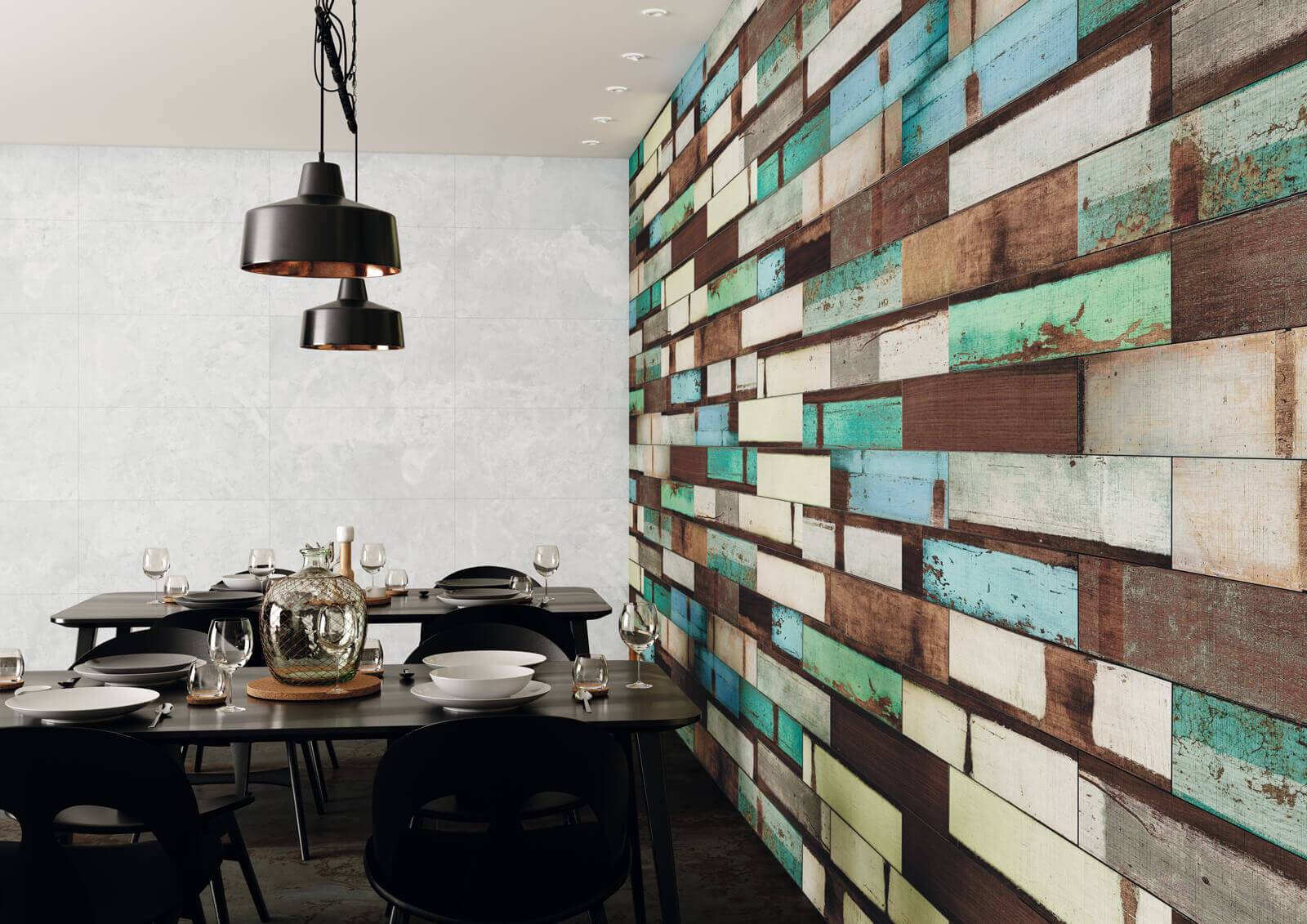 Apavisa KARACTER multicolor plaadid modernses restoranis, erksate toonide ja naturaalse mustriga