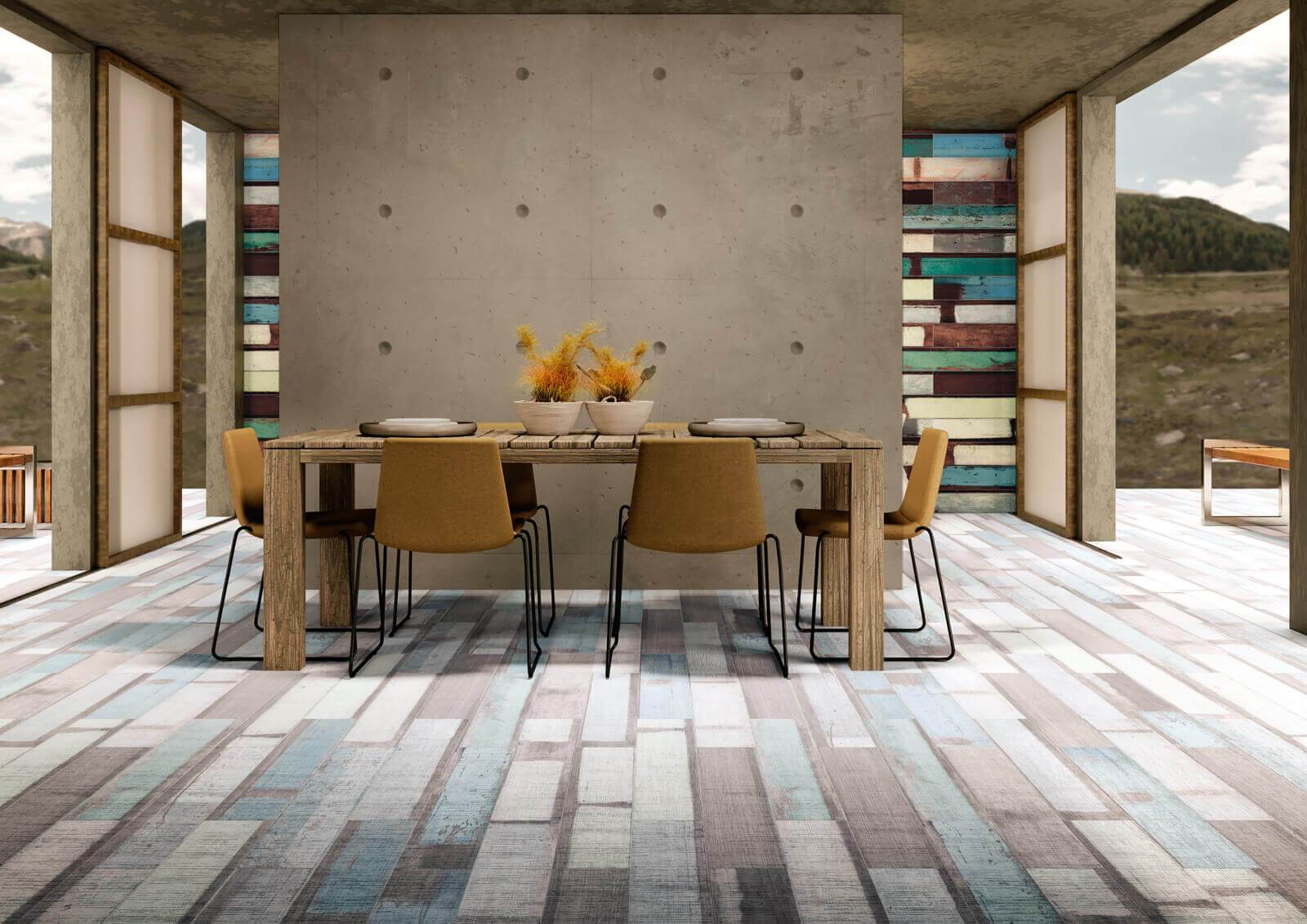 Apavisa KARACTER valged piklikud plaadid heledas salongis, kaasaegse sisekujundusega