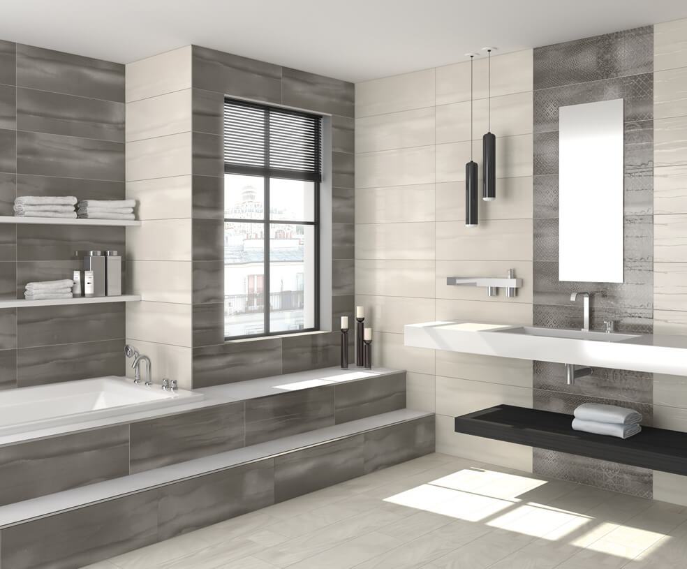 Arcana AQUARELLE A156 seinaplaadid kunstipärase vesivärvilaadse viimistlusega heledas vannitoas