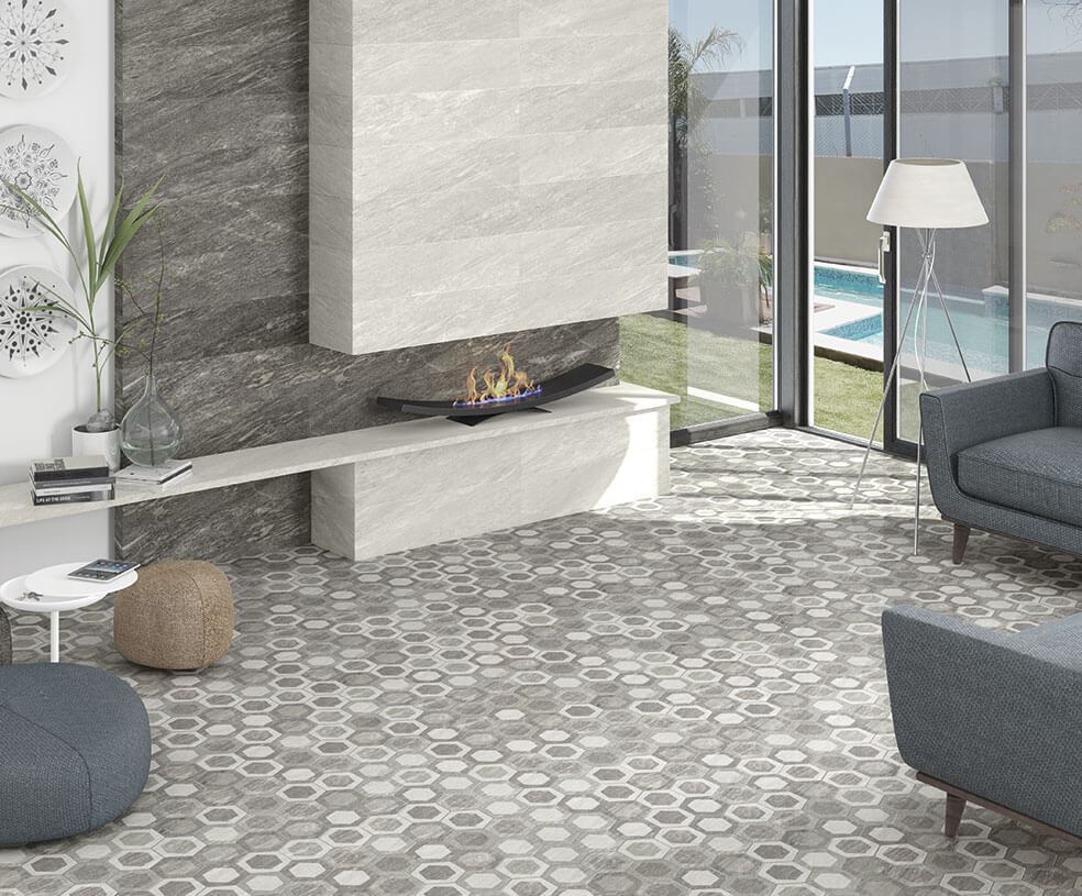 Arcana BOLANO betooni meenutavad plaadid moodsas hallides toonides ruumis