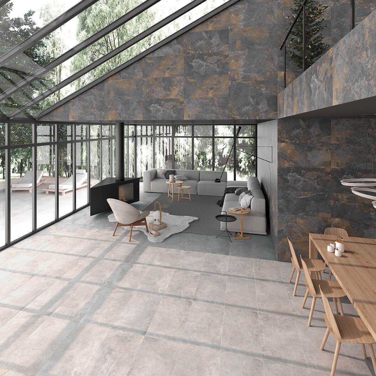 Arcana LITHOS A496 looduskivi tekstuuriga plaadid neutraalses eluruumis