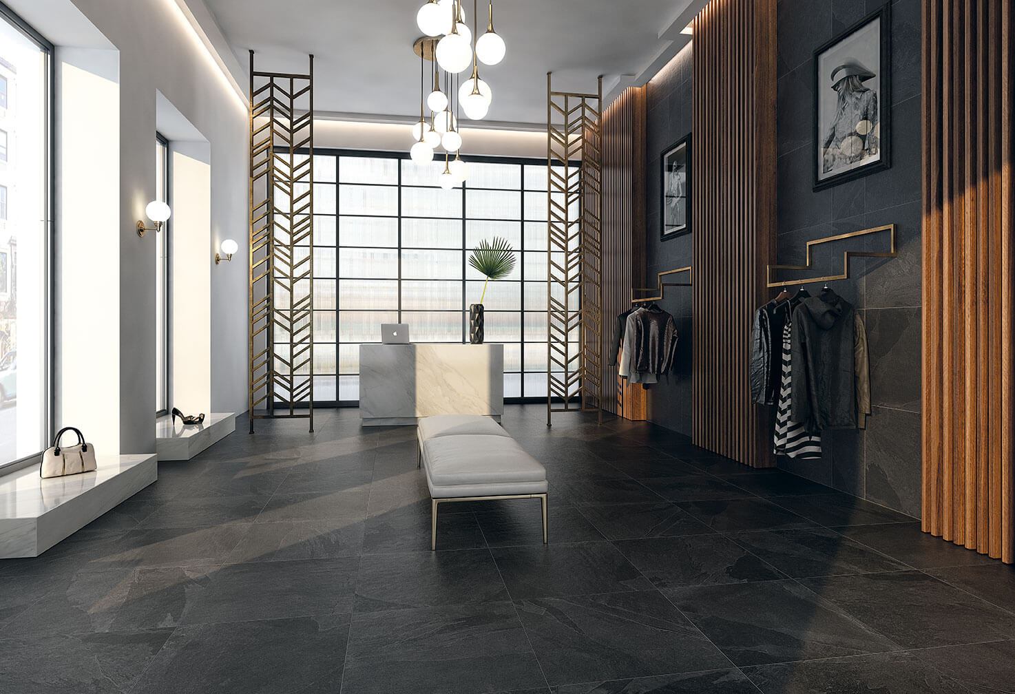 Bellacasa Slate plaatidega ruum, tumeda kivi välimus modernses elutoas