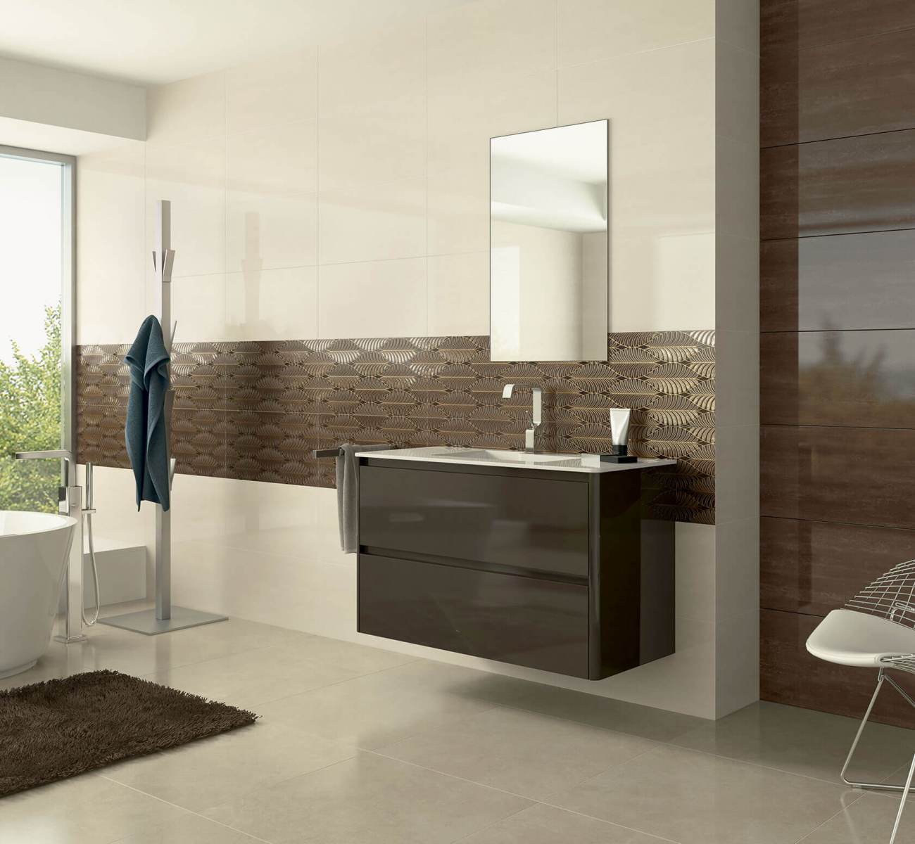 Bellacasa Brasil tumepruunid plaadid valge mööbliga vannitoas