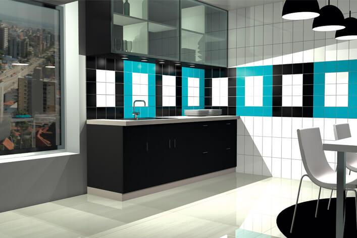 Ceragni köögiplaatide sein valge ja türkiissinise mustriga