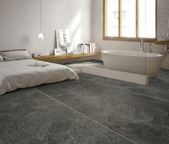 Coverlam Pirineos Antracita – tumehallid keraamilised plaadid elegantses magamistoas