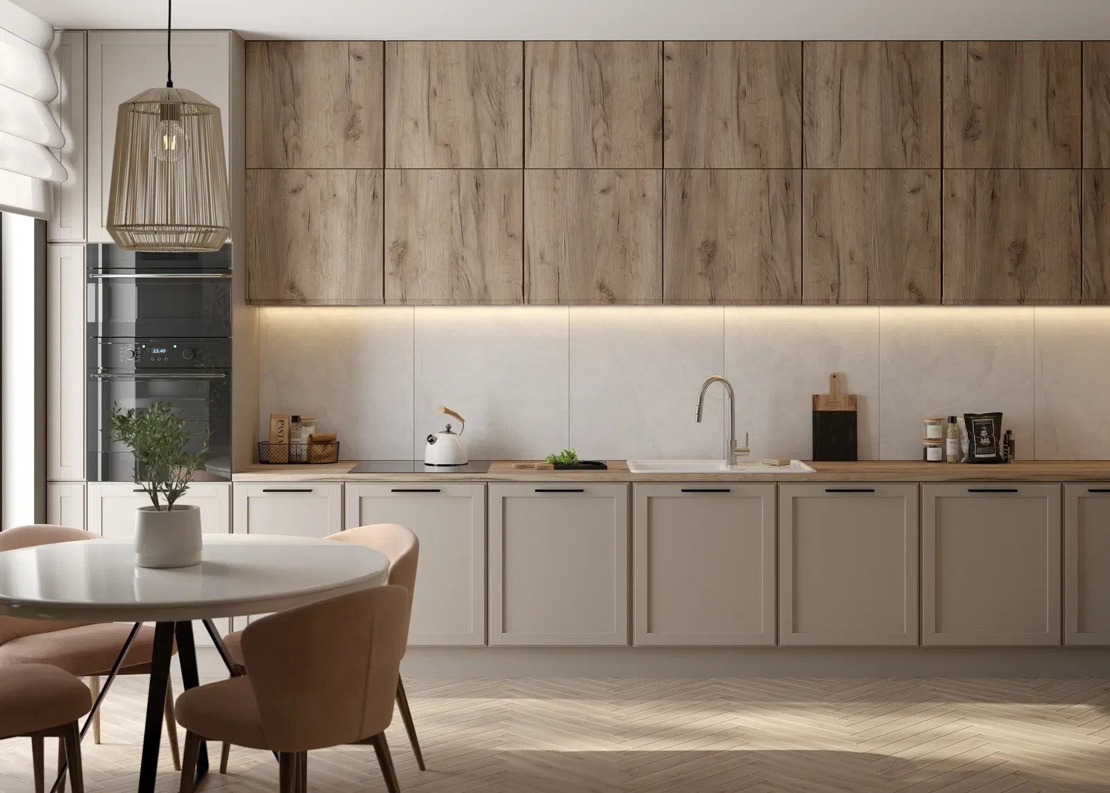 Modernne heledates toonides köök, mille tööpinnal on valge Deante valamu ja roostevabast terasest segisti, sobitudes ideaalselt puidu ja kivimustri taustaga.