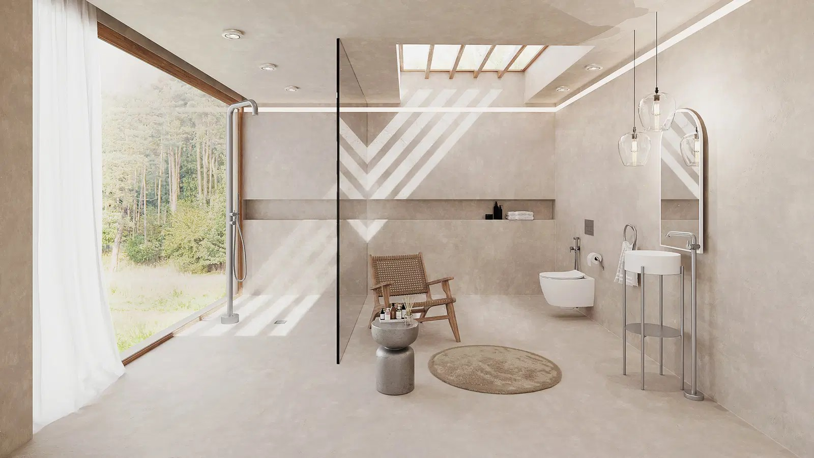 Heledates toonides avar vannituba Deante põrandalt tõusva dušisüsteemi ja kompaktse valamu- ja kraanilahendusega, kus rõhk on modernsusel ja funktsionaalsusel.