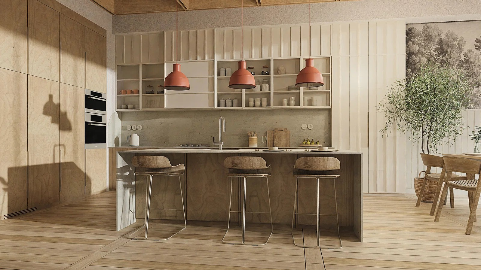 Deante Momi köögisegisti modernses avatud köögis, mille sisekujunduses domineerivad heledad puidutoonid ja soojad looduslikud materjalid.