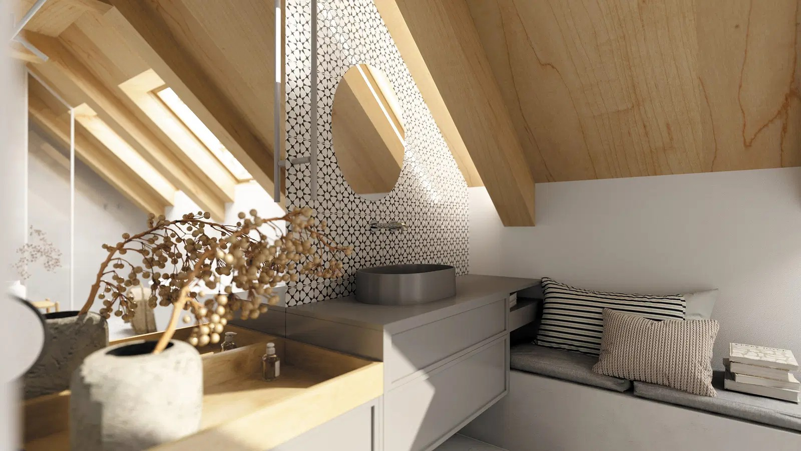 Kaldkatuse all paiknev hubane vannituba, kus Deante SILIA hall valamu ja minimalistlik segisti loovad stiilse kontrasti mustriga seinaplaadile.