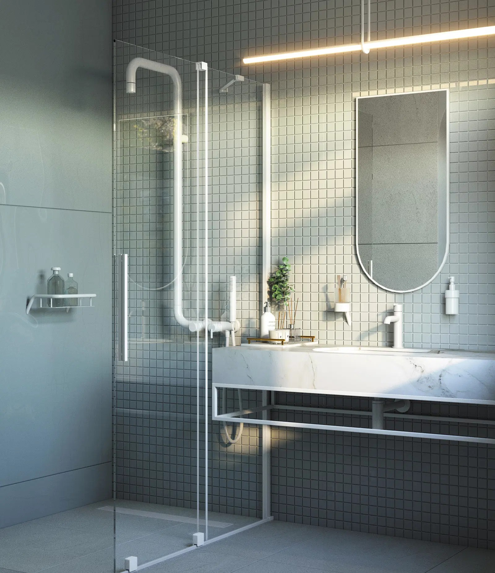 Heledates toonides vannituba halli mosaiikplaadiga seinal ja marmormustriga valamupinnaga, kus on kasutusel valged Deante segistid ja dušikomplekt, pakkudes puhta joonega ja kaasaegset lahendust.