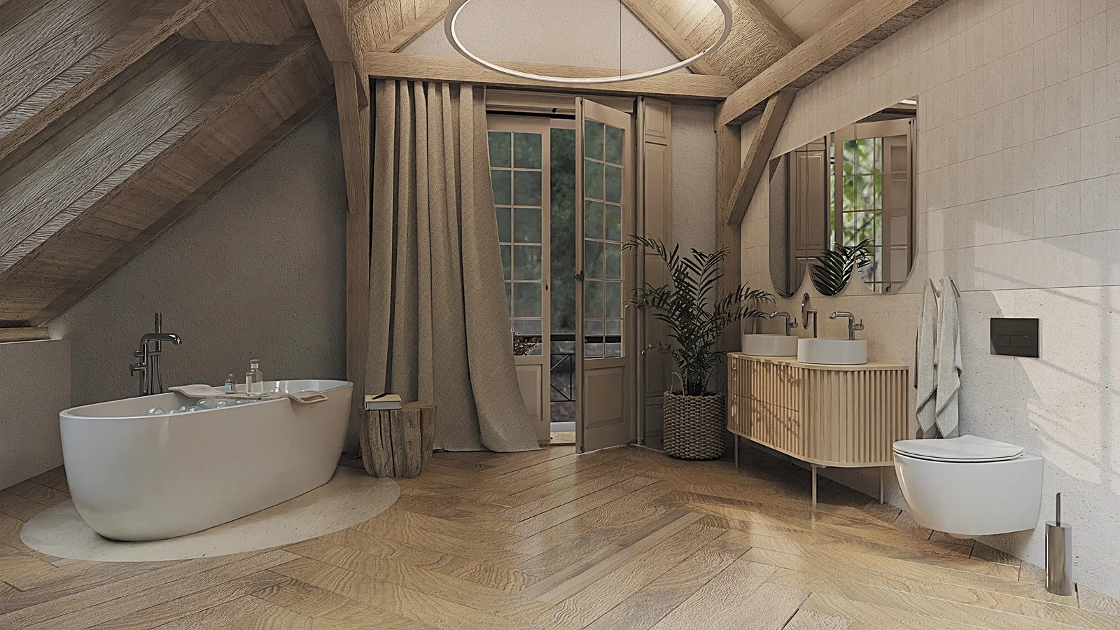 Hubane puitdetailidega vannituba Deante Silia sarja kraanide, valamute ja tarvikutega, vabas seisev vann ja ovaalsed peeglid lisavad modernset iseloomu.