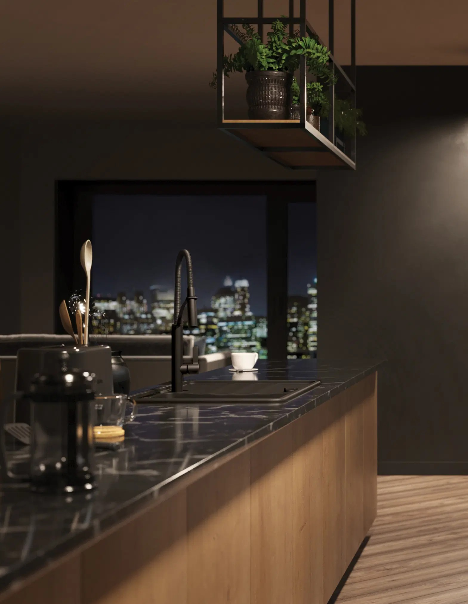 Stiilne õhtune linnavaatega köök, kus on musta värvi Deante kraan ja valamukomplekt, sobitudes elegantselt tumeda tööpinna ja puidust kapiustega.