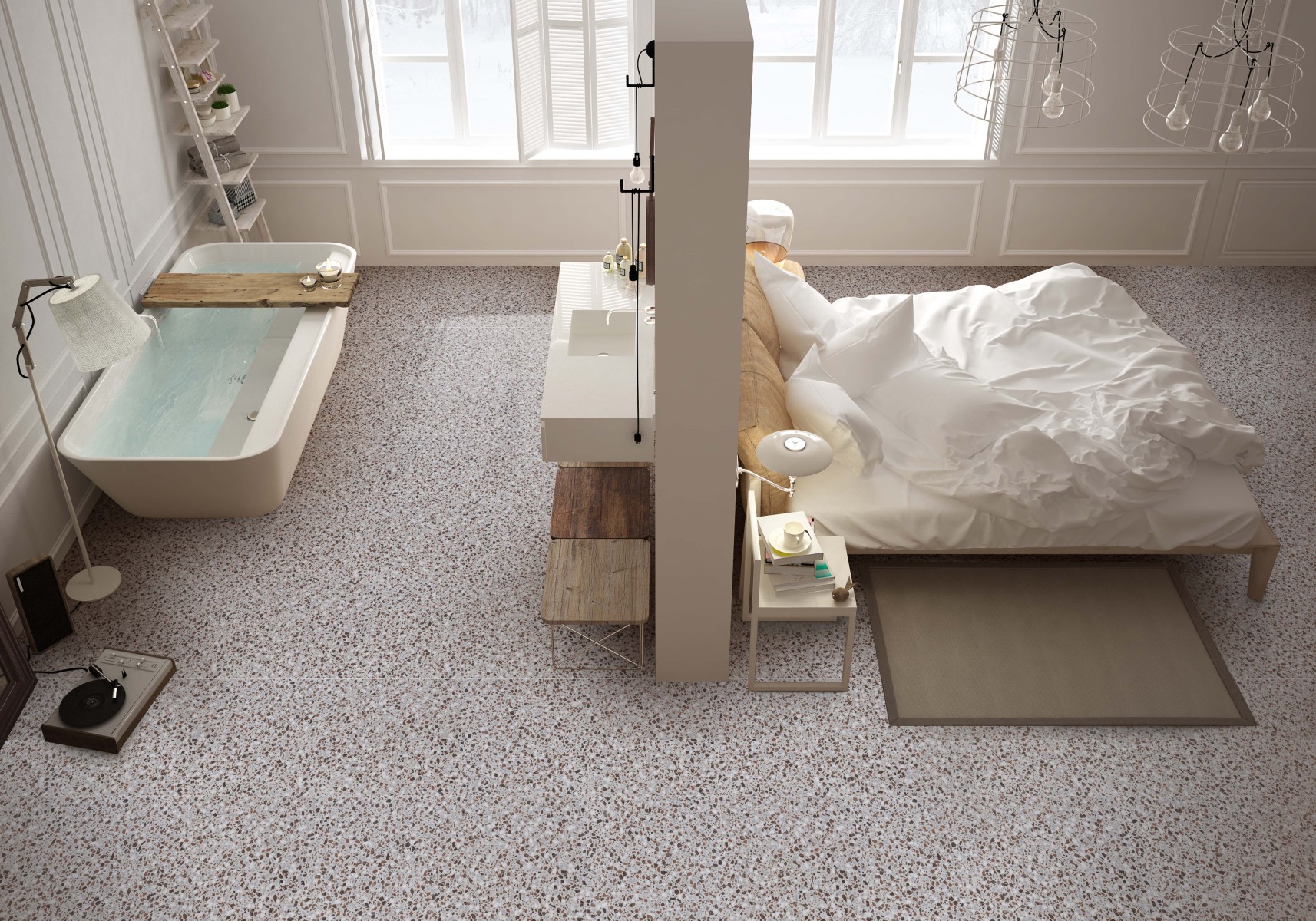 Stiilne avatud planeeringuga magamistuba ja vannituba, mille põrand on kaetud terrazzo-efektiga plaatidega. Vasakul asub täidetud vabaduseisuga vann, paremal suur voodi segamini voodipesuga. Ruumi keskel eraldav sein valamu ja kraanikausiga, valgustatud suurtest akendest.