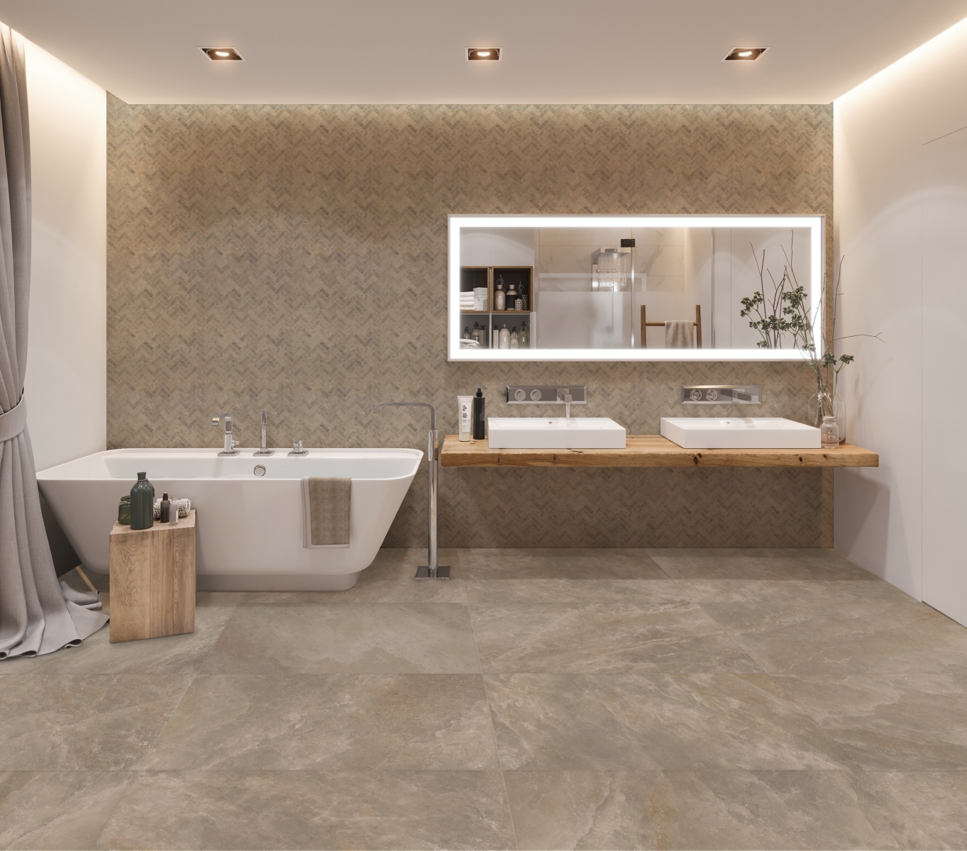 Kaasaegne vannituba kivimustriliste põrandaplaatide ja siksakilise seinaplaadiga. Vasakul on vaba seisev vann puidust abilauaga, paremal puidust riiul kahe kraanikausiga ning suur valgustatud peegel. Ruum on hele, naturaalsetes toonides ja elegantse viimistlusega.