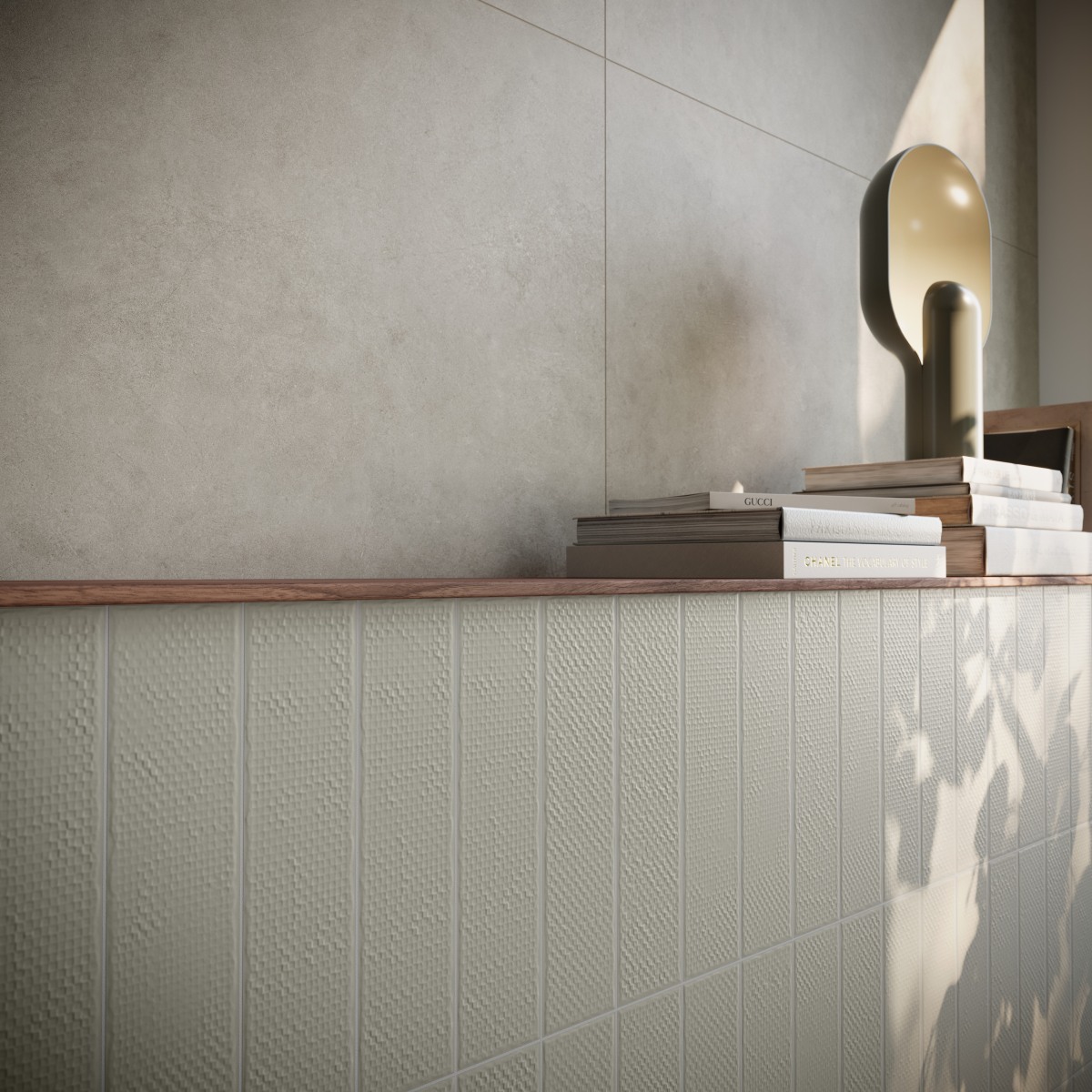 Beežide reljeefsete ja siledate plaatide kooslus loob seinale stiilse ja rahuliku rütmi, täiendatud naturaalsete detailidega.