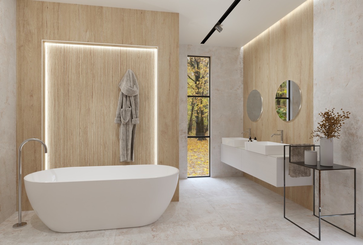 Heledates toonides plaadid koos puiduimitatsiooniga loovad vannituppa hubase ja looduslähedase meeleolu.