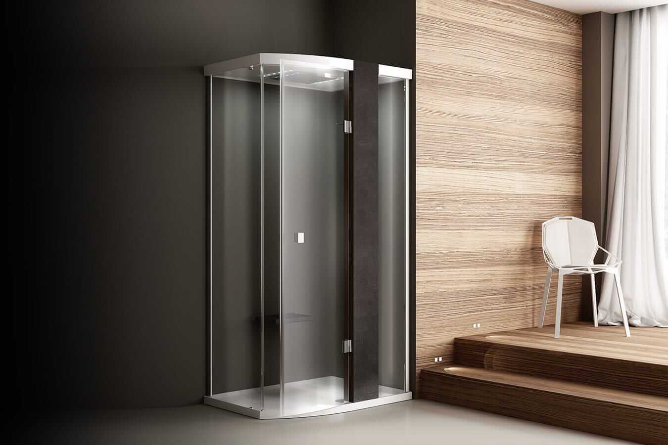 Minimalistliku disainiga nurgas paiknev du&scaron;inurk kroomitud profiilide ja l&auml;bipaistva klaasiga. Must dekoratiivpaneel lisab kontrasti ja stiili modernsesse interj&ouml;&ouml;ri.