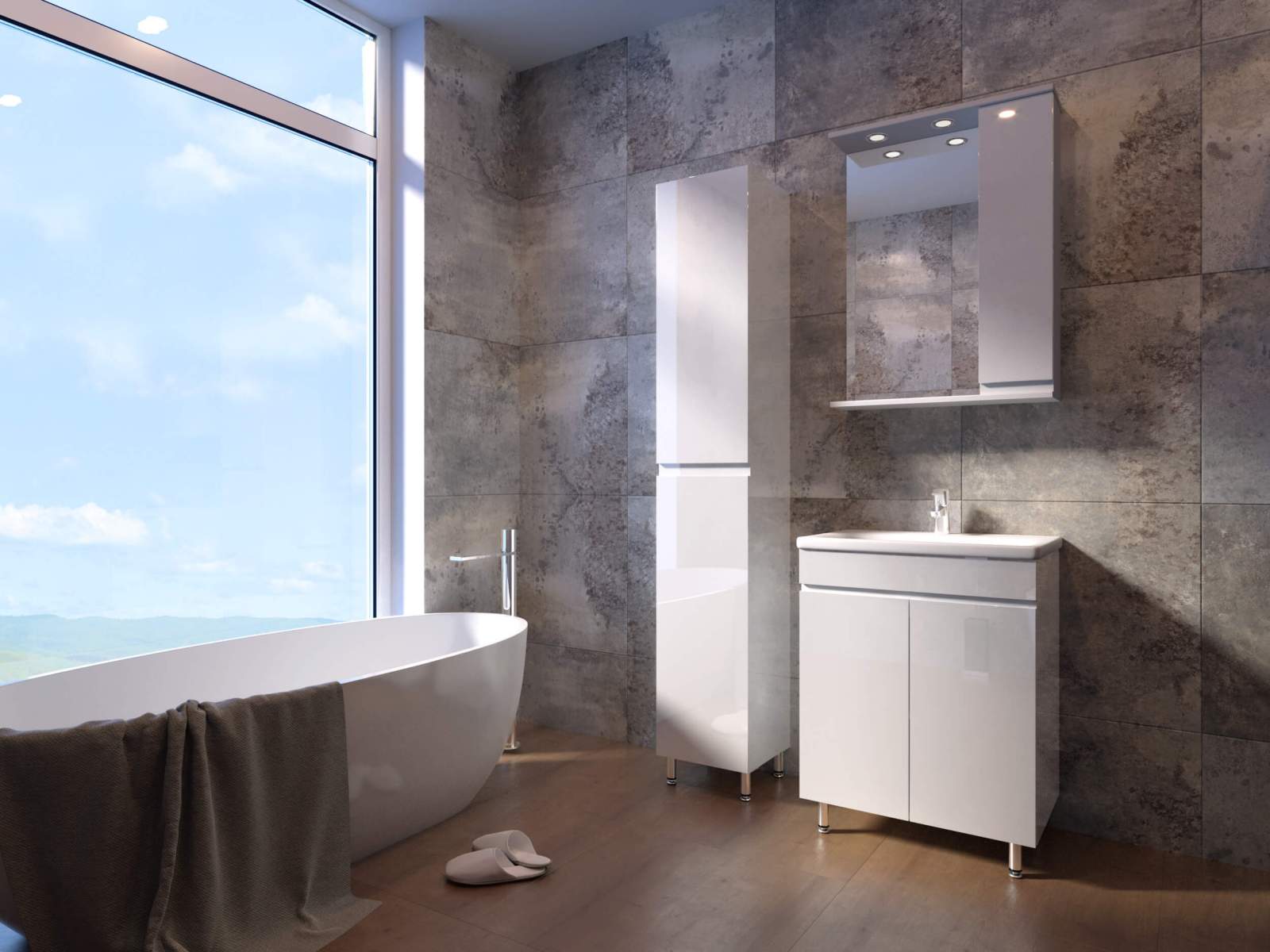 Valgusk&uuml;llane vannituba suure akna ja hallide kiviseintega. Vannitoa sisustuses on vaba seisev vann, k&otilde;rge seinakapp, valamukapp ja peeglikapp integreeritud valgustusega.