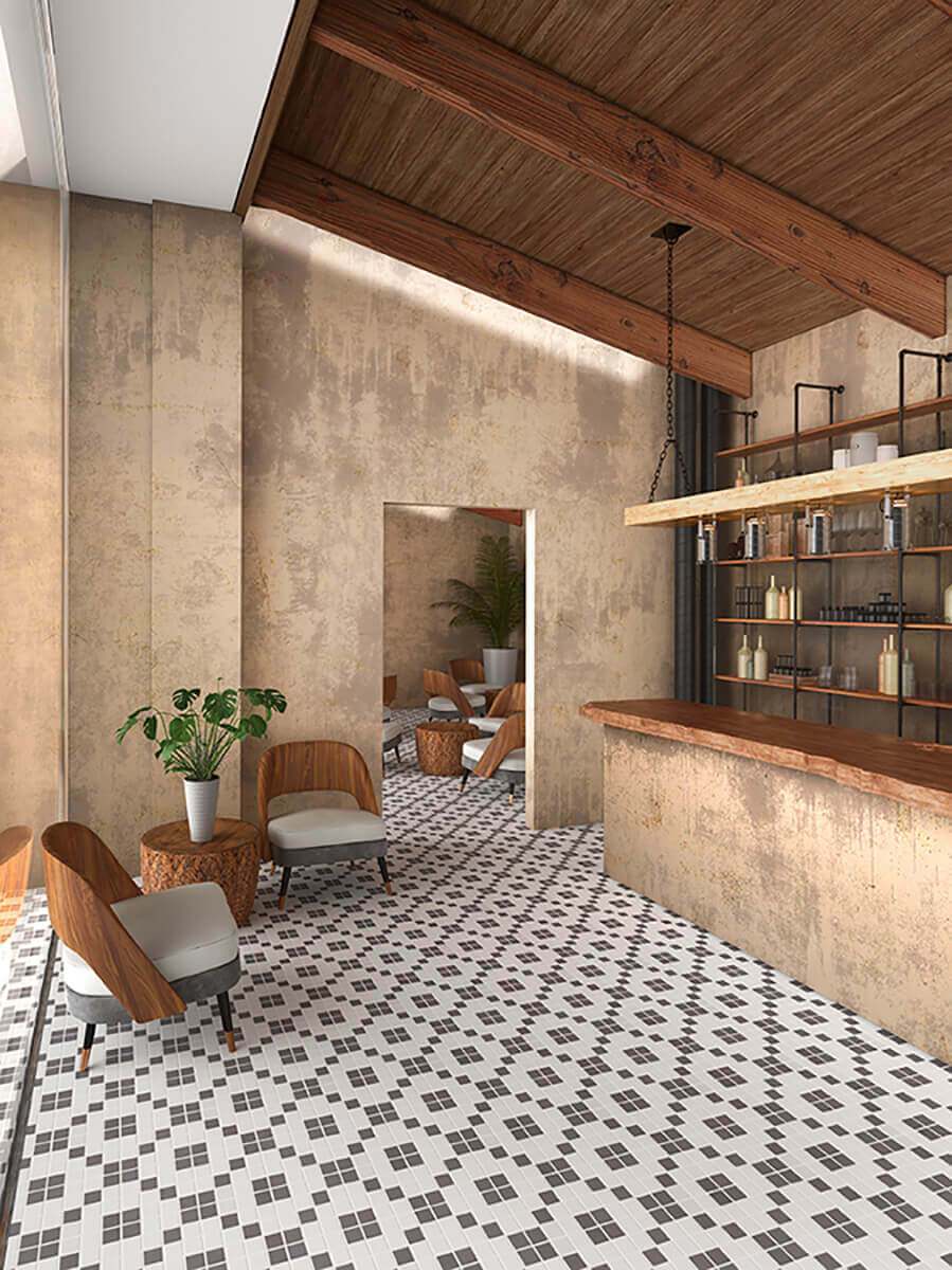 Sisustus looduslikes toonides, mustriga mosaiikp&otilde;rand, puidust lagi ja baarilett, mugavad toolid ning riiulid seinas.